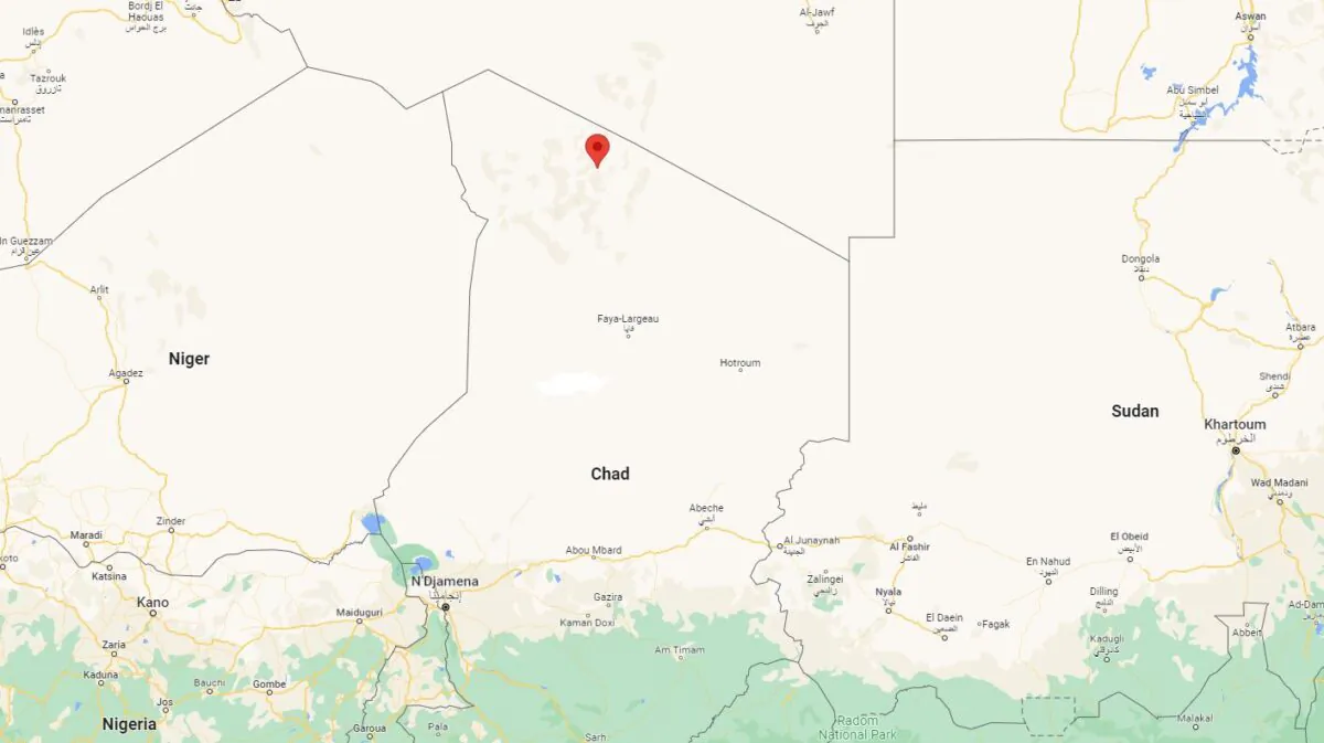 Location of the mountainous Kouri Bougoudi district in north Chad. (Google Maps/Screenshot via The Epoch Times)