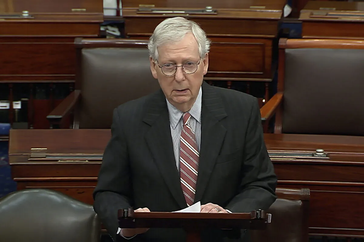 Senate Minority Leader Mitch McConnell (R-Ky.) speaks on the Senate floor at the Capitol in Washington on May 25, 2022. (Senate Television via AP)