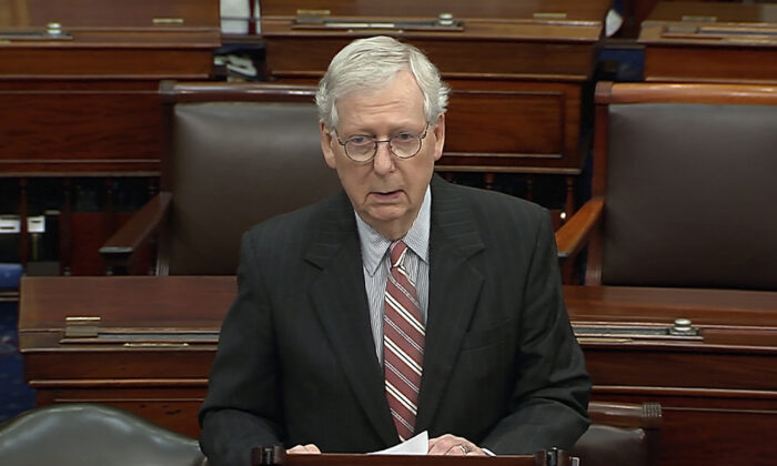 Senate Minority Leader Mitch McConnell (R-Ky.) speaks on the Senate floor at the Capitol in Washington on May 25, 2022. (Senate Television via AP)
