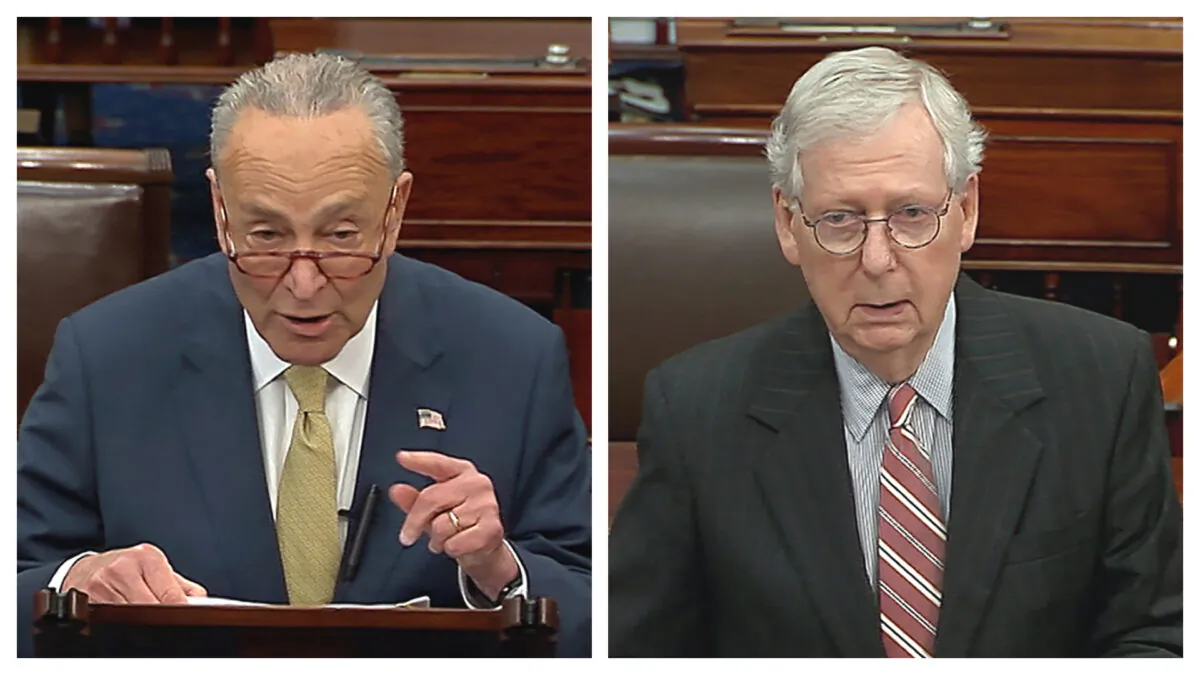 (Left) Senate Majority Leader Chuck Schumer (D-N.Y.) speaks on the Senate floor at the Capitol in Washington on May 25, 2022. (Right) Senate Minority Leader Mitch McConnell (R-Ky.) speaks on the Senate floor at the Capitol in Washington on May 25, 2022. (Senate Television via AP)