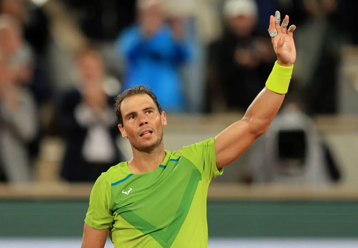 Spain's Rafael Nadal celebrates winning his second round match against France's Corentin Moutet at the French Open in Roland Garros stadium in Paris on May 25, 2022. (Pascal Rossignol/Reuters)