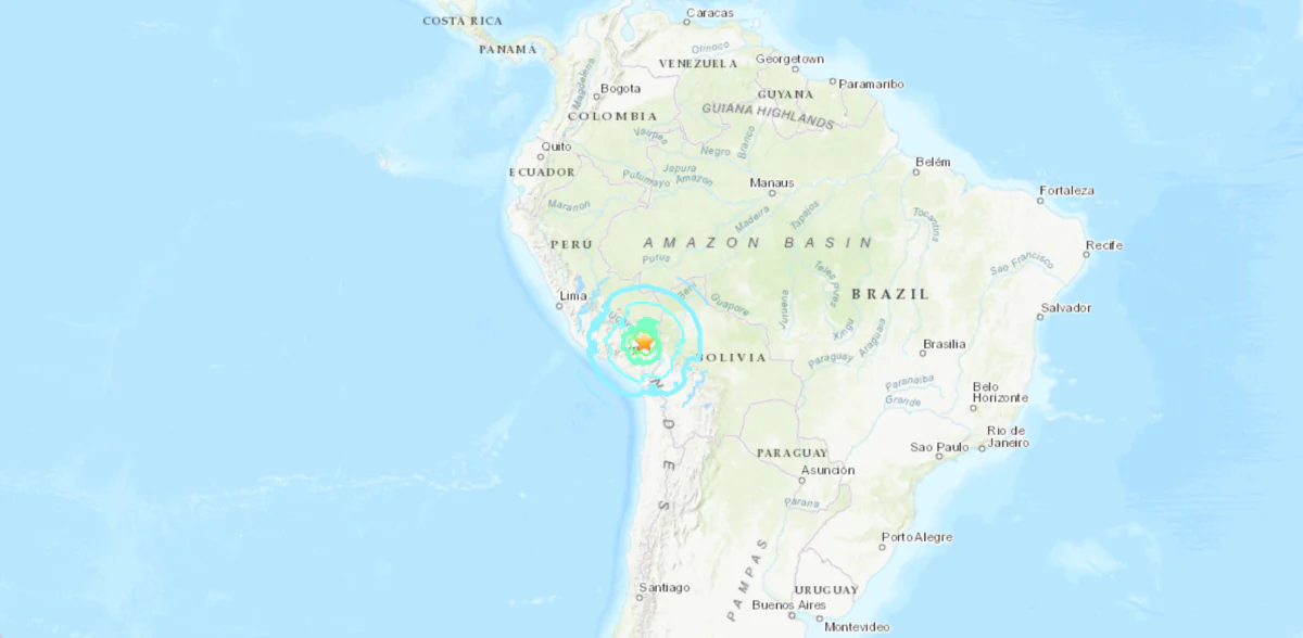 A map showing the location of a magnitude 7.2 earthquake that struck the Tirapata region of Peru on May 26, 2022. (USGS/Screenshot via The Epoch Times)