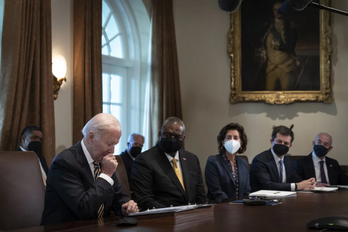 President Joe Biden pauses while speaking during a cabinet meeting in the Cabinet Room of the White House on Nov. 12, 2021. (Drew Angerer/Getty Images)
