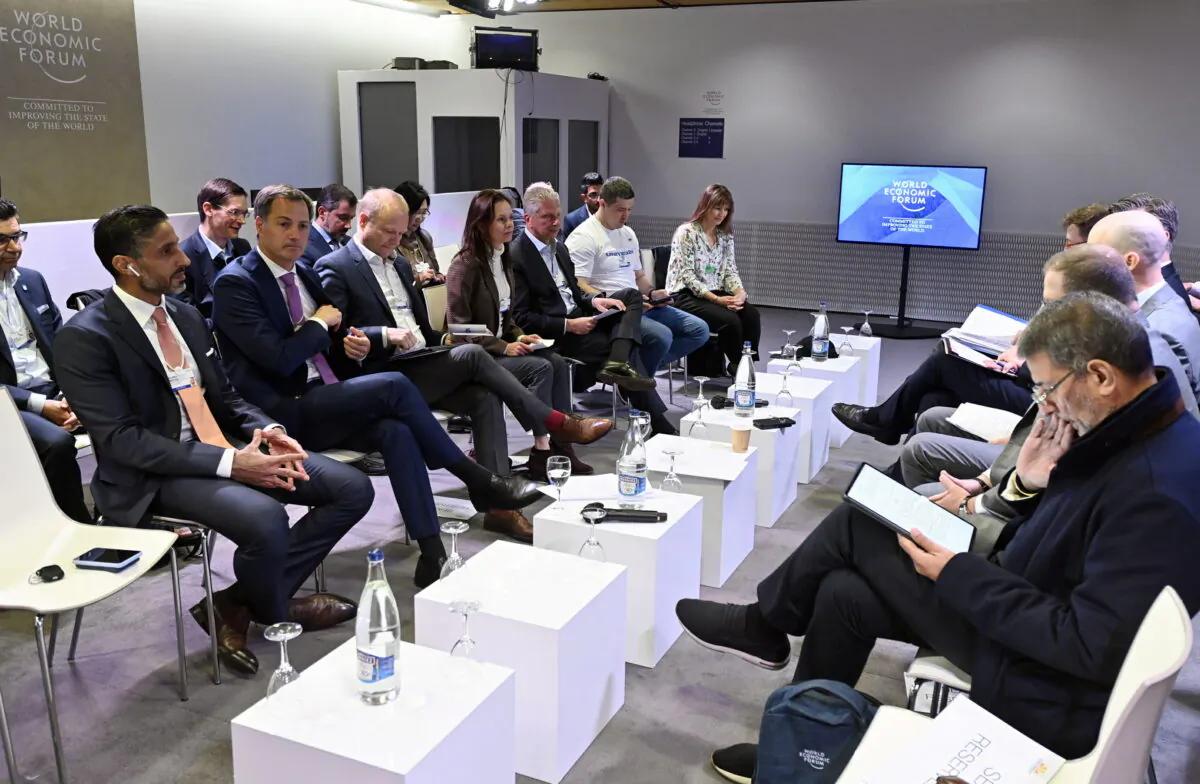 The panel "Leaders for Europe's Digital Decade" at the 2022 World Economic Forum Annual Meeting in Davos, Switzerland, on May 25, 2022. The yearly meeting takes place from May 22 to 26 with heads of governments and economic leaders. (Eric Lalmand/Belga Mag/Pool/AFP via Getty Images)
