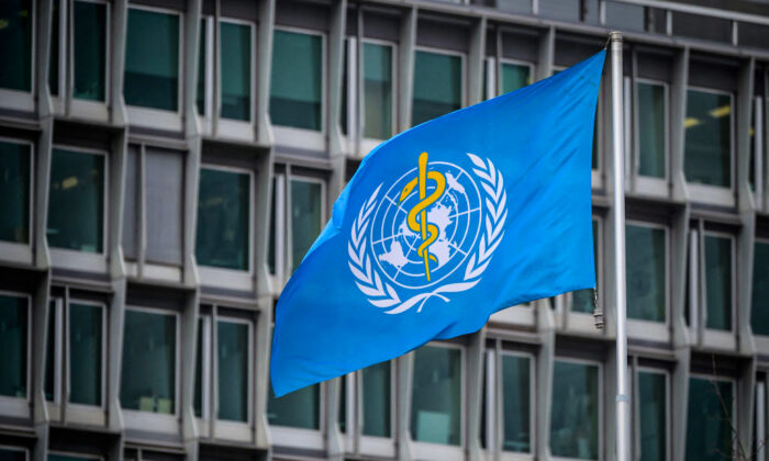 The flag of the World Health Organization (WHO) at their headquarters in Geneva, Switzerland, on March 5, 2021. (Fabrice Coffrini/AFP via Getty Images)