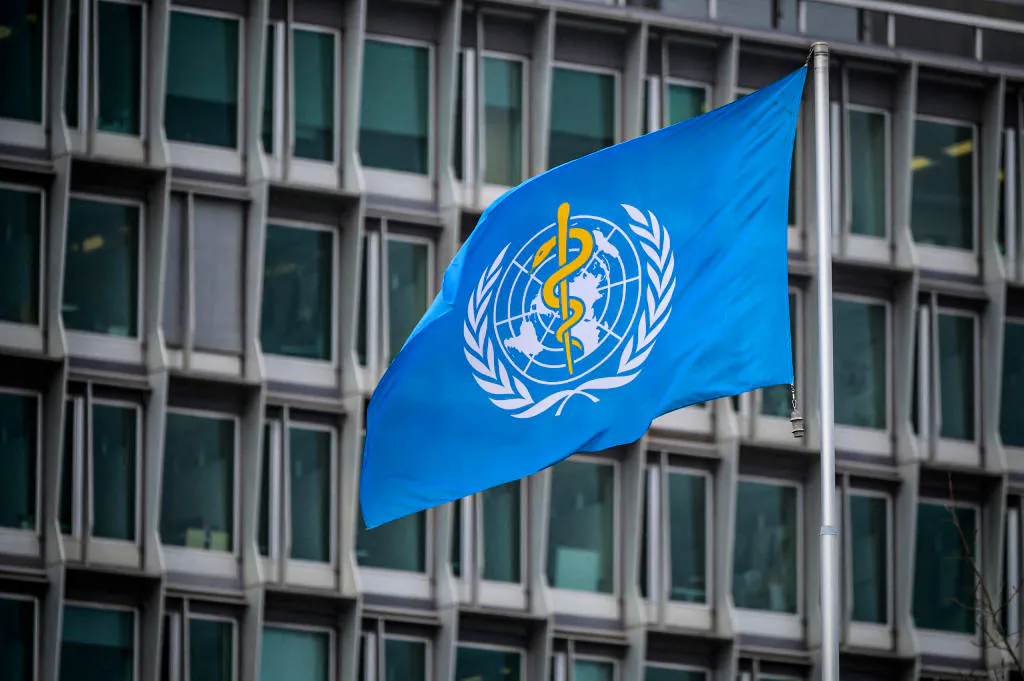 The flag of the World Health Organization (WHO) at their headquarters in Geneva on March 5, 2021. (Fabrice Coffrini/AFP via Getty Images)