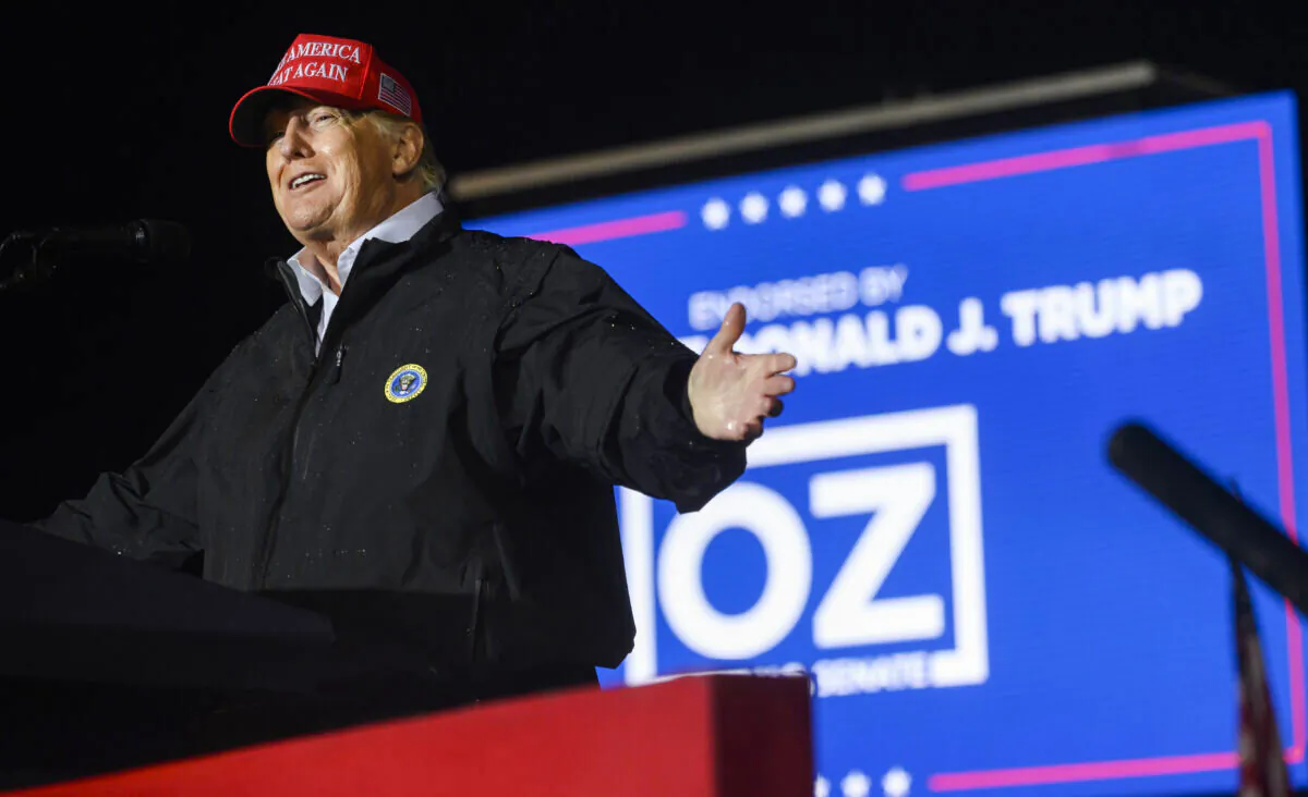 Former President Donald Trump speaks on behalf of Pennsylvania Senatorial candidate Dr. Mehmet Oz at the Westmoreland County Fairgrounds in Greensburg, Pennsylvania on May 6, 2022. (Jeff Swensen/Getty Images)