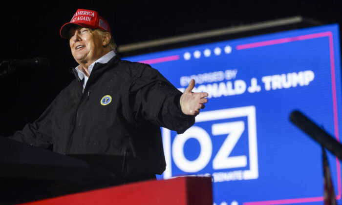 Former President Donald Trump speaks on behalf of Pennsylvania Senatorial candidate Dr. Mehmet Oz at the Westmoreland County Fairgrounds in Greensburg, Pennsylvania on May 6, 2022. (Jeff Swensen/Getty Images)