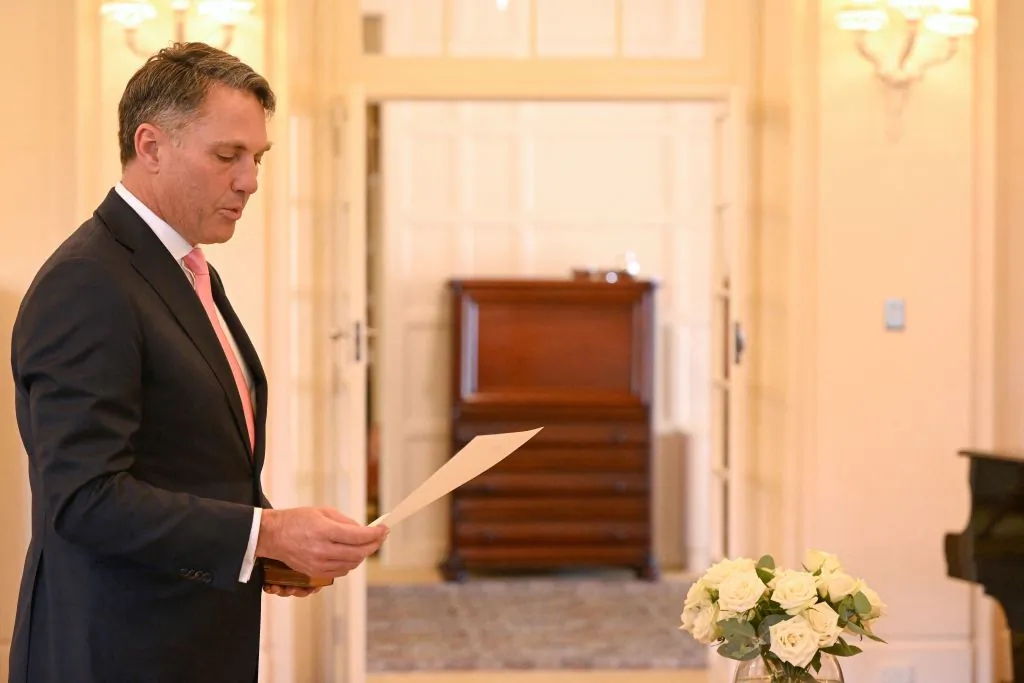 Australia's new deputy Prime Minister Richard Marles takes an oath during a swearing-in ceremony at Government House in Canberra on May 23, 2022. (Saeed Khan/AFP via Getty Images)