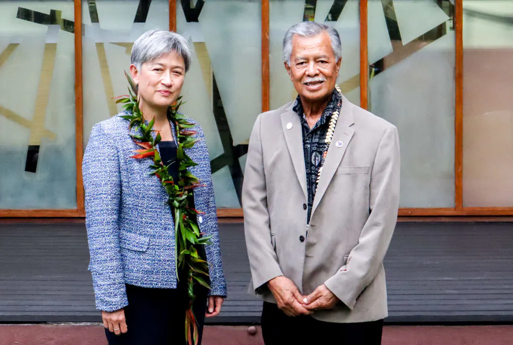 Australian Foreign Minister Penny Wong meets with Henry Puna, the secretary general of the Pacific Island Forum in Suva, Fiji on May 26, 2022. (Pita Simpson/Getty Images)