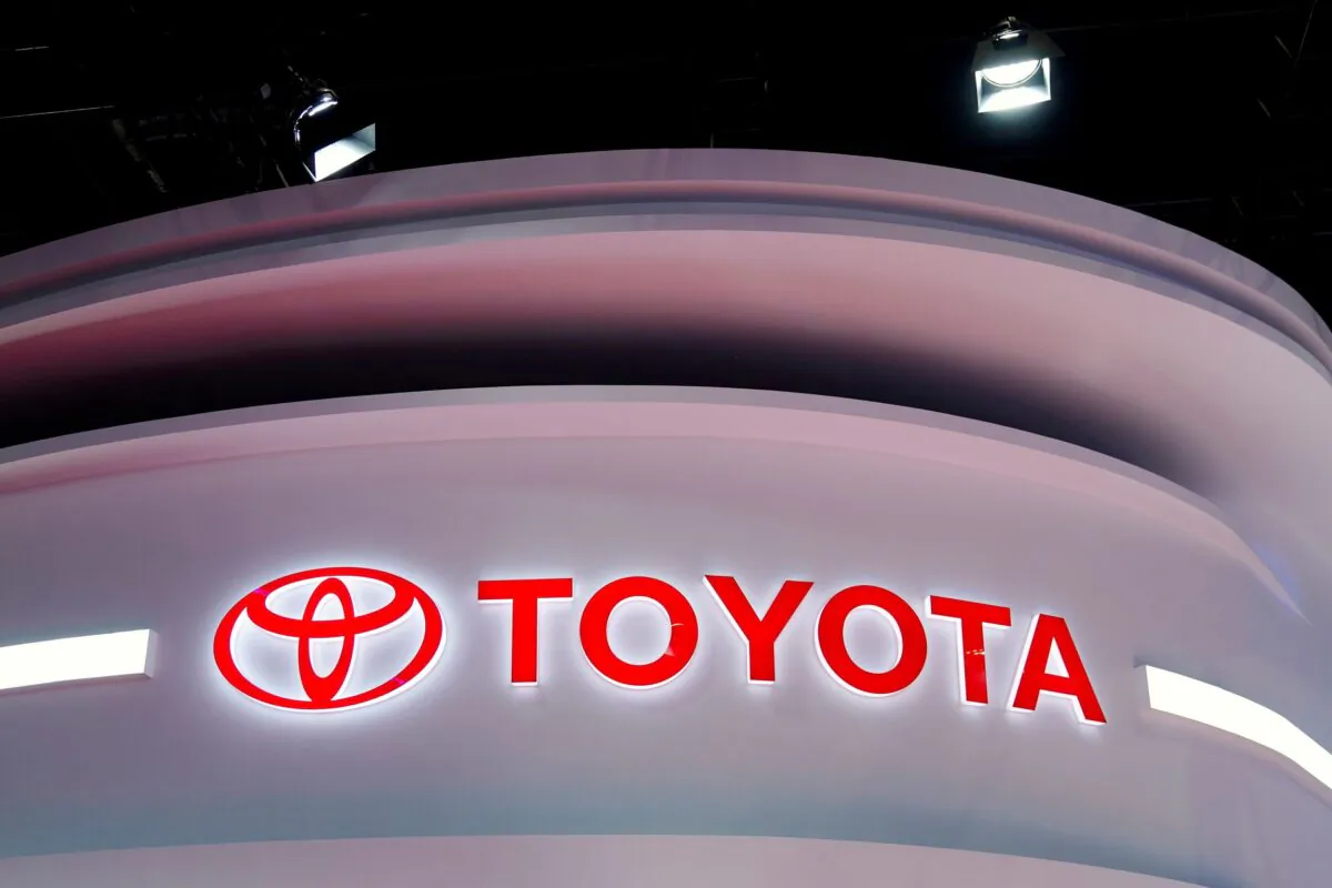 The Toyota logo at a booth during a media day for the Auto Shanghai show in Shanghai on April 19, 2021. (Aly Song/Reuters)