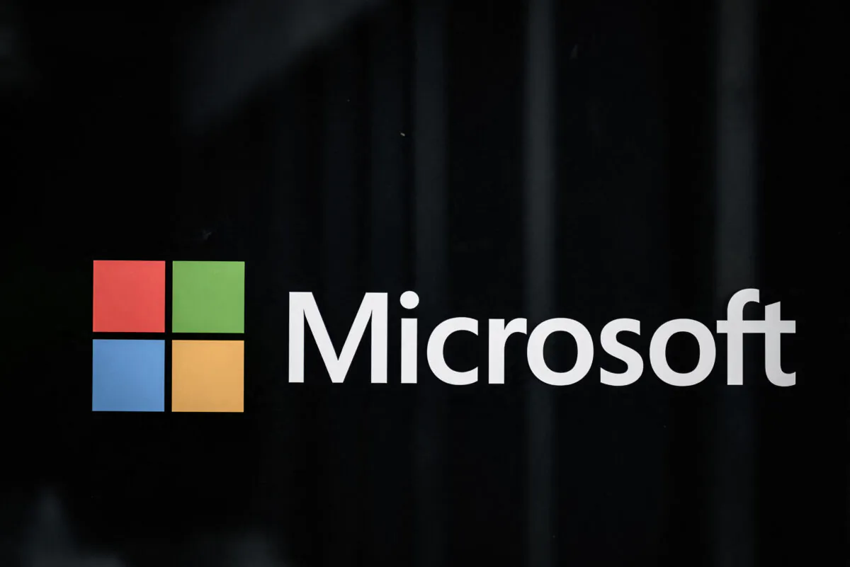 The Microsoft logo during the World Economic Forum (WEF) annual meeting in Davos, Switzerland, on May 23, 2022. (Fabrice Coffrini/AFP via Getty Images)