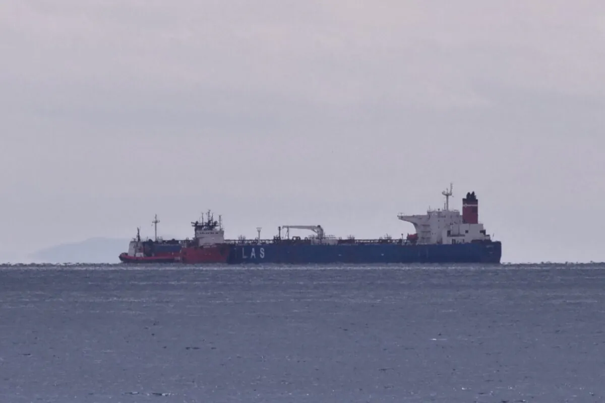 The seized oil tanker Pegas anchored off the shore of Karystos, on the Island of Evia, Greece, on April 19, 2022. (Vassilis Triandafyllou/Reuters)