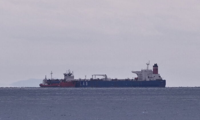 The seized oil tanker Pegas anchored off the shore of Karystos, on the Island of Evia, Greece, on April 19, 2022. (Vassilis Triandafyllou/Reuters)
