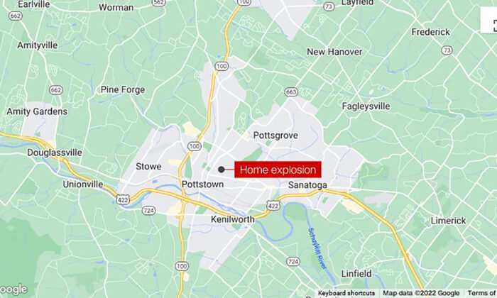A map showing the location of a home explosion in Pottstown, Pa., on May 26, 2022. (Google Maps)