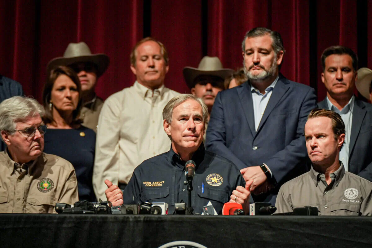 Texas Gov. Greg Abbott speaks at a press conference with federal, state, and local officials a day after a mass shooting at an elementary school, in Uvalde, Texas, on May 24, 2022. (Charlotte Cuthbertson/The Epoch Times)