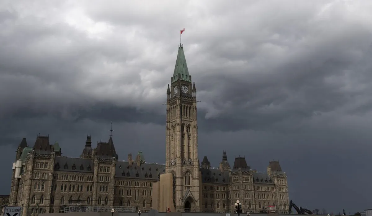 Storm clouds pass by the Peace Tower and Parliament Hill in Ottawa in a file photo. (The Canadian Press/Adrian Wyld)