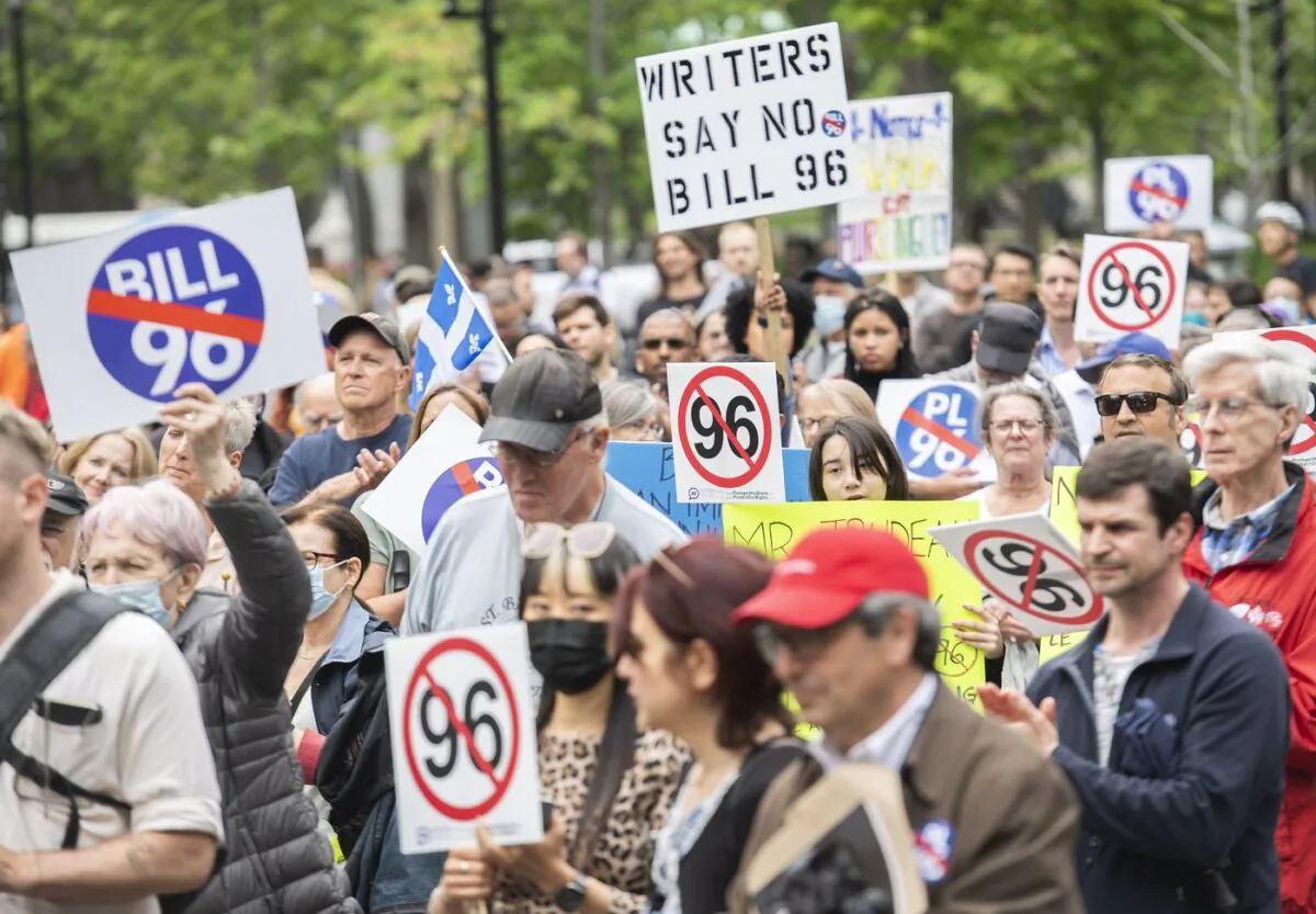 People take part in a protest against Bill 96 in Montreal on May 26, 2022. (The Canadian Press/Graham Hughes)