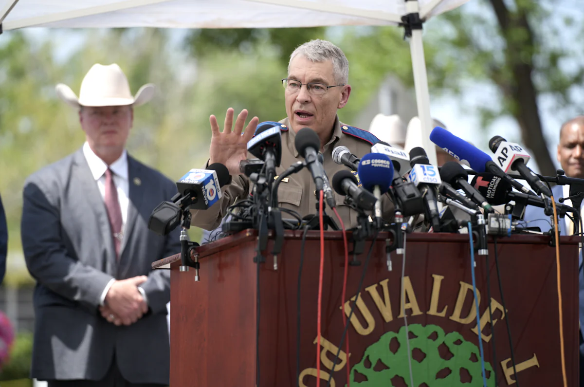 Texas Department of Public Safety Director Steve McCraw speaks during a press conference in Uvalde, Texas, on May 27, 2022. (Charlotte Cuthbertson/The Epoch Times)
