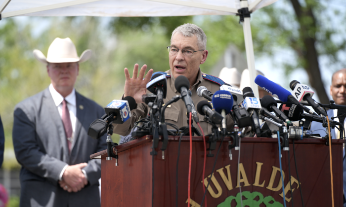 Texas Department of Public Safety Director Steve McCraw speaks during a press conference in Uvalde, Texas, on May 27, 2022. (Charlotte Cuthbertson/The Epoch Times)