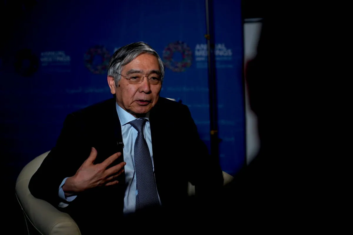 Bank of Japan (BOJ) Governor Haruhiko Kuroda speaks during an interview with Reuters in Washington on Oct. 19, 2019. (Carlos Jasso/Reuters)