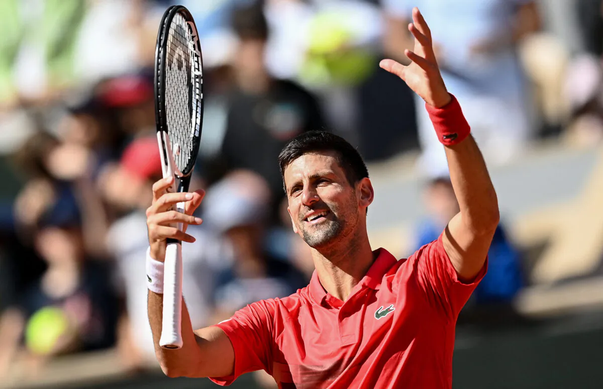 Serbia's Novak Djokovic reacts after winning against Slovenia's Aljaz Bedene during their men's singles match on day six of the Roland-Garros Open tennis tournament at the Court Philippe-Chatrier in Paris on May 27, 2022. (Christophe Archambault/AFP via Getty Images)