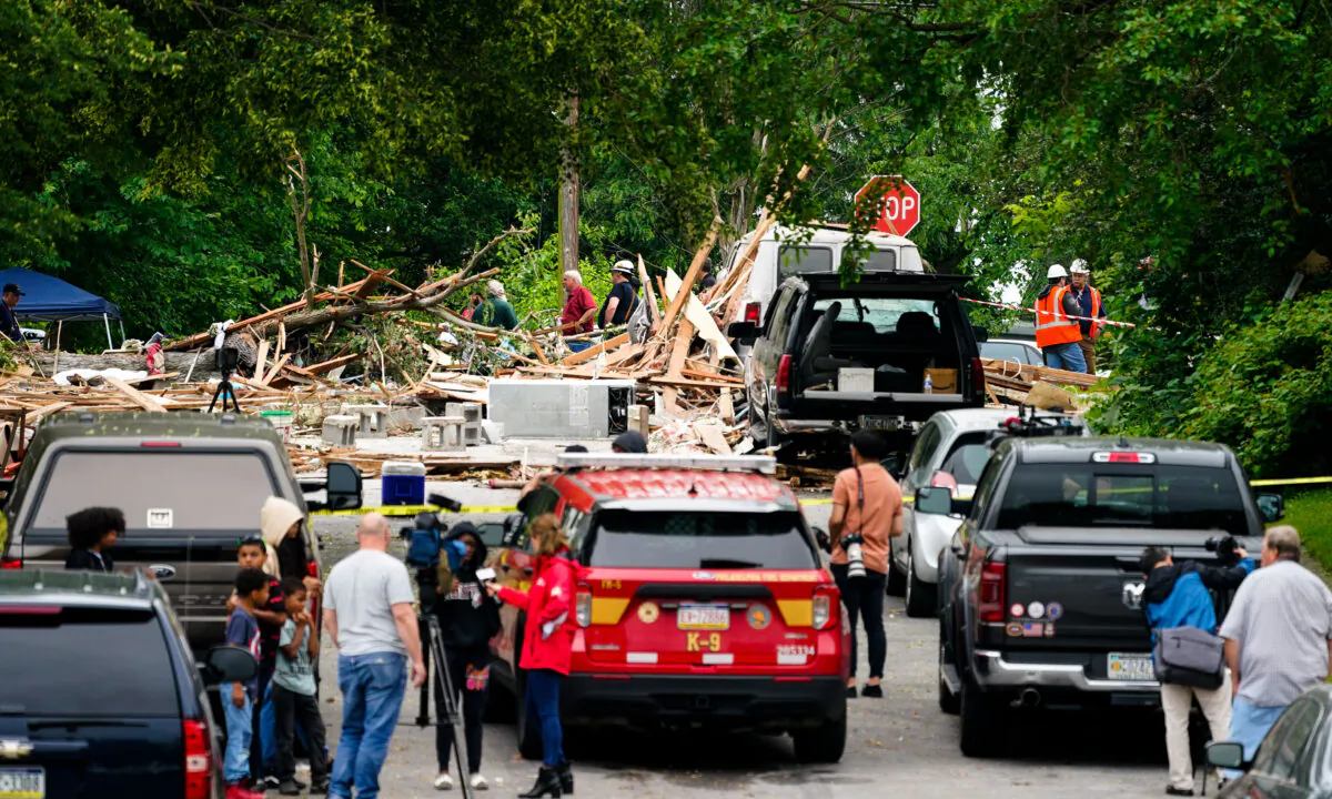 Crews work the scene of a deadly explosion in a residential neighborhood in Pottstown, Pa., on May 27, 2022. (Matt Rourke/AP Photo)