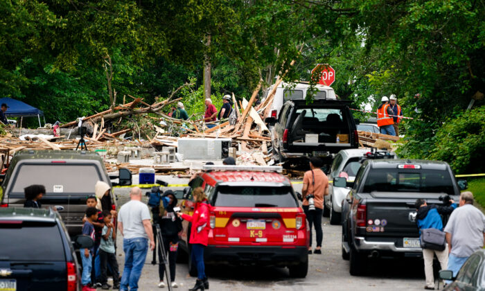 Crews work the scene of a deadly explosion in a residential neighborhood in Pottstown, Penn., on May 27, 2022. (Matt Rourke/AP Photo)