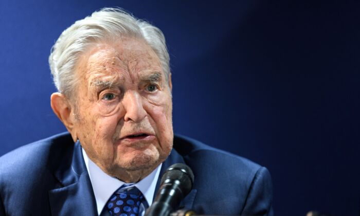 George Soros answers to questions after delivering a speech on the sidelines of the World Economic Forum (WEF) annual meeting in Davos on May 24, 2022. (Fabrice Coffrini/AFP via Getty Images)