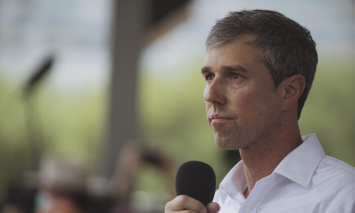 Texas Democratic gubernatorial candidate Beto O'Rourke speaks to a crowd supporting gun control at Discovery Green across from the National Rifle Association Annual Meeting at the George R. Brown Convention Center in Houston on May 27, 2022. (Eric Thayer/Getty Images)