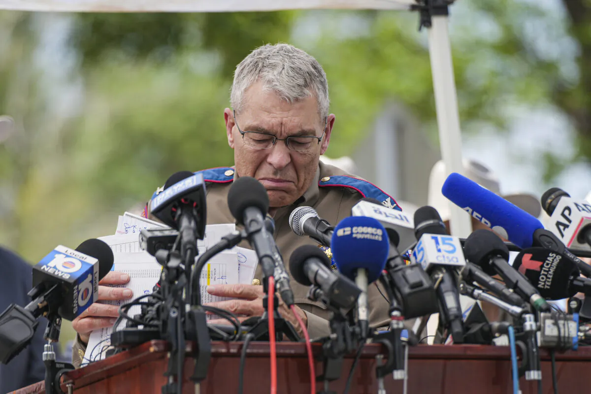 Texas Department of Public Safety Director Steve McCraw provides an update on details of the May 24 mass shooting in which 19 children and two adults were killed at Robb Elementary School, in Uvalde, Texas, on May 27, 2022. (Charlotte Cuthbertson/The Epoch Times)