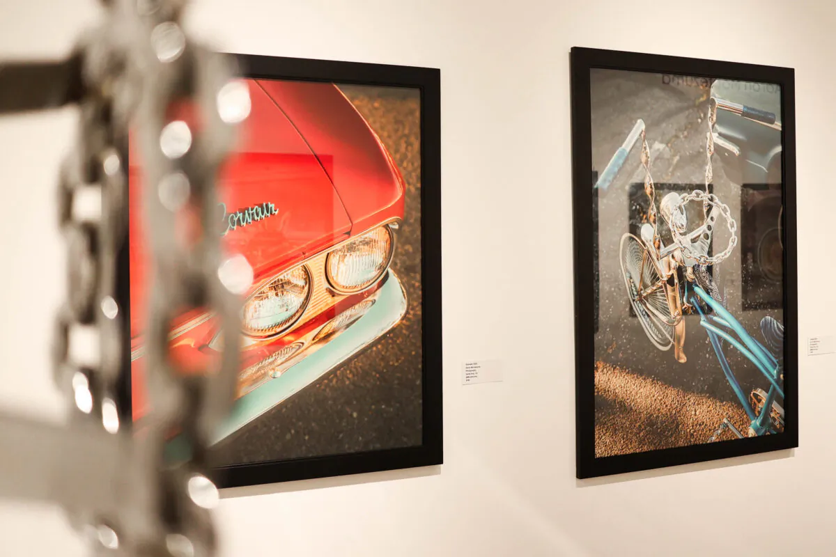 Santa Ana, Calif., photographer Aaron Moctezuma's works featuring vibrant custom cars are on display in the “Made in California” art exhibit at Brea Art Gallery in Brea, Calif., on May 26, 2022. (Julianne Foster/The Epoch Times)