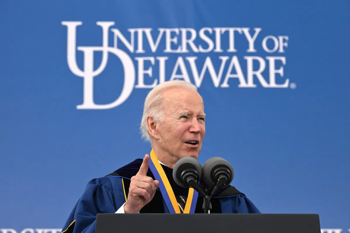 President Joe Biden delivers the commencement address for his alma mater, the University of Delaware, at Delaware Stadium, in Newark, Del., on May 28, 2022. (Mandel Ngan/AFP via Getty Images)