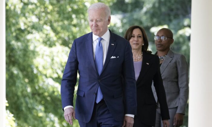 President Joe Biden and Vice President Kamala Harris walk to the Rose Garden of the White House In Washington, on May 9, 2022. (Angerer/Getty Images)