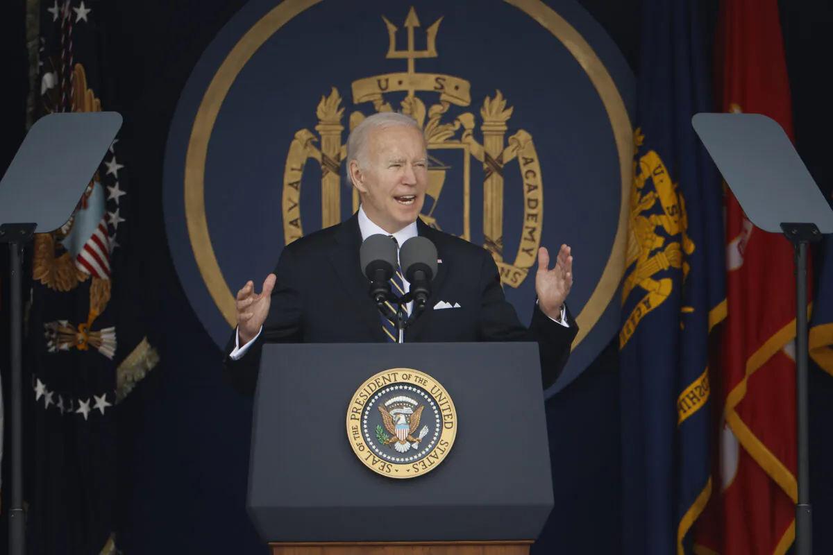 President Joe Biden delivers the commencement address during the graduation and commissioning ceremony at the U.S. Naval Academy Memorial Stadium in Annapolis, Md., on May 27, 2022. (Chip Somodevilla/Getty Images)