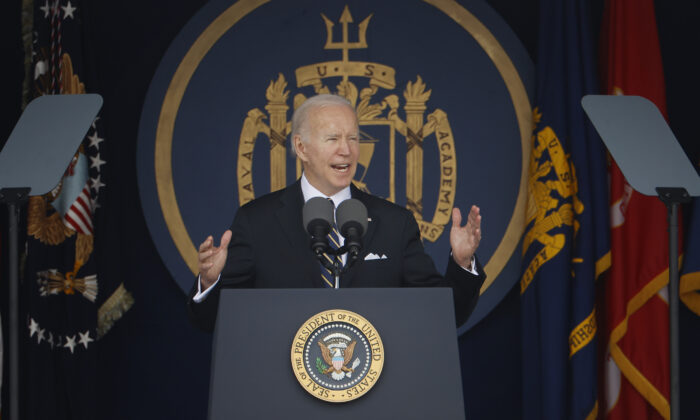President Joe Biden delivers the commencement address during the graduation and commissioning ceremony at the U.S. Naval Academy Memorial Stadium in Annapolis, Md., on May 27, 2022. (Chip Somodevilla/Getty Images)