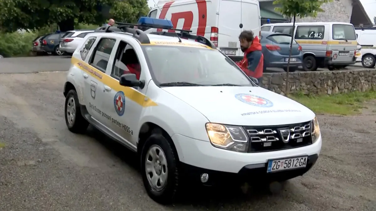 A mountain rescue team car in Rakovica, Croatia, on May 29, 2022. (Nova TV via AP/Screenshot via The Epoch Times)