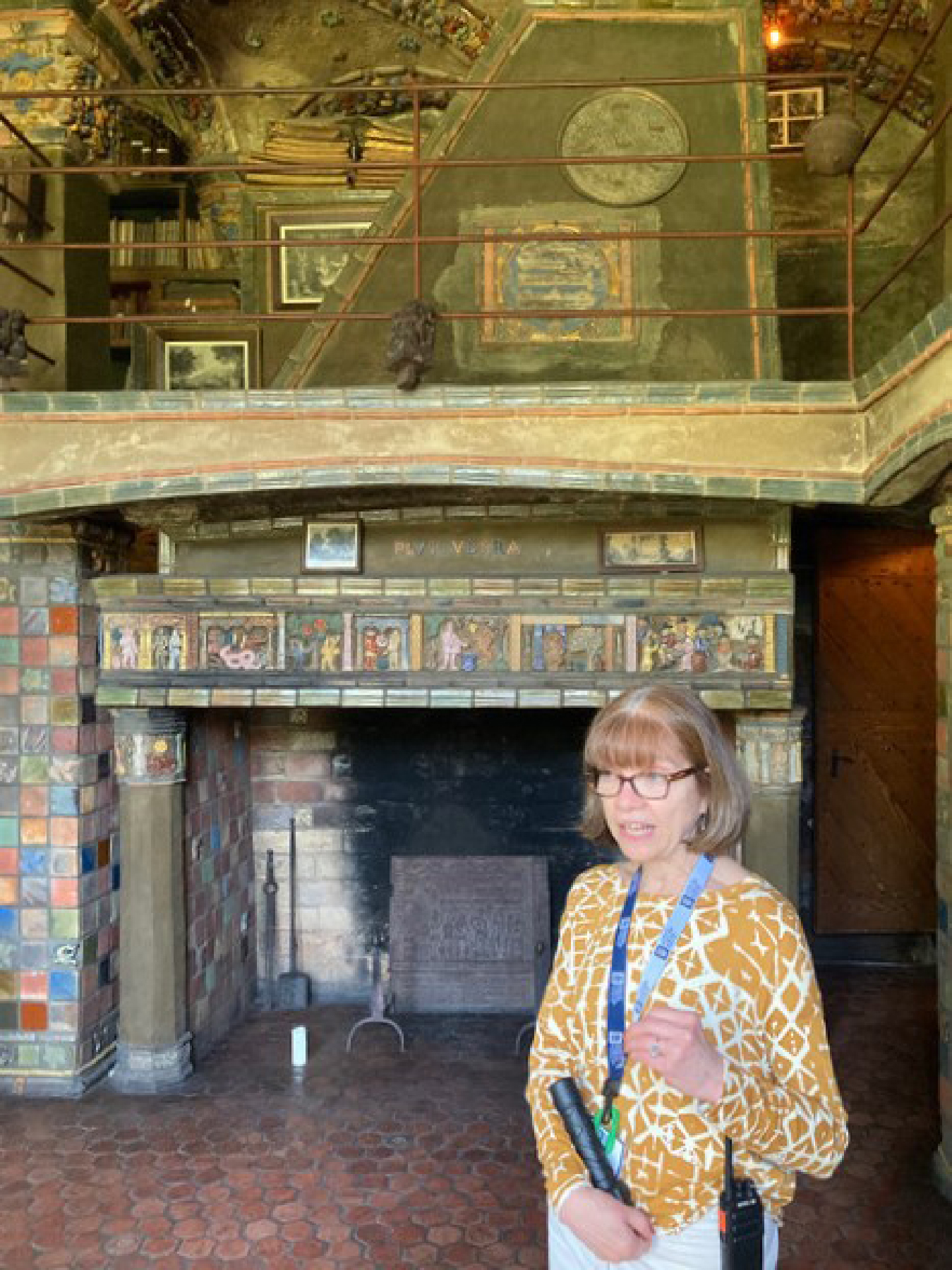 Lisa Crawford points out features of Henry Chapman Mercer's Fonthill Castle in Doylestown, Pennsylvania.