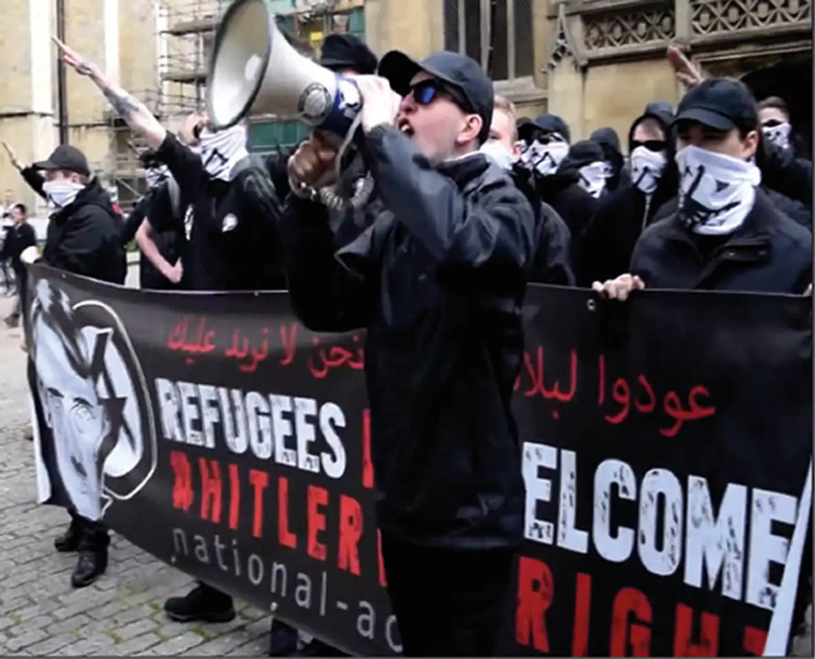 Alex Davies with a megaphone at a National Action demo in York, England, at the end of May 2016. (West Midlands Police/PA)
