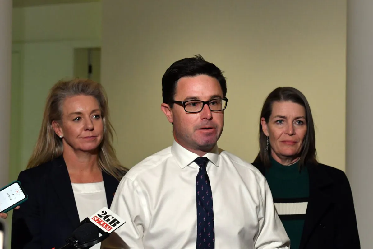 Newly elected Nationals Senate Leader Bridget McKenzie, newly elected Nationals leader David Littleproud and newly elected Nationals Deputy Leader Perin Davey at a press conference after a Nationals Party meeting at Parliament House in Canberra, Australia, on May 30, 2022. (AAP Image/Mick Tsikas)