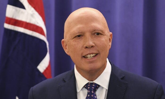 Newly elected leader of the traditionally centre-right Liberal Party Peter Dutton speaks to the media after a party room meeting at Parliament House in Canberra, Australia, on May 30, 2022. (AAP Image/Lukas Coch) 