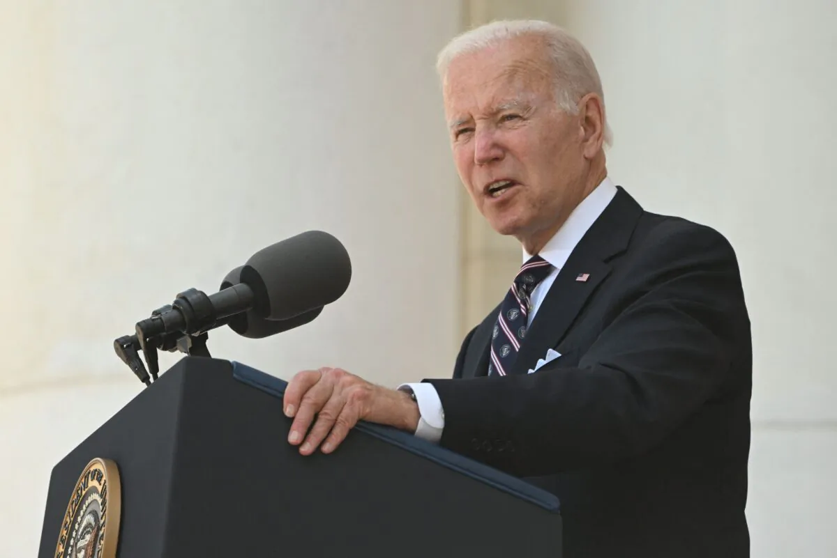 President Joe Biden speaks in honor of Memorial Day at Arlington National Cemetery in Arlington, Va., on May 30, 2022. (Saul Loeb/AFP via Getty Images)