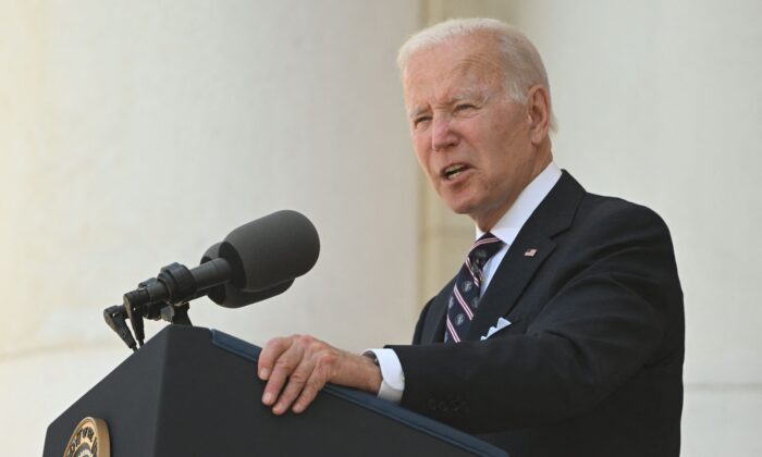 President Joe Biden speaks in honor of Memorial Day at Arlington National Cemetery in Arlington, Va., on May 30, 2022. (Saul Loeb/AFP via Getty Images)