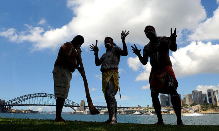 Kooma Aborigines dance for the first time in two centuries on Me-Mel (Goat Island) in Sydney Harbour, Australia, on April 18, 2010. (Torsten Blackwood/AFP via Getty Images)