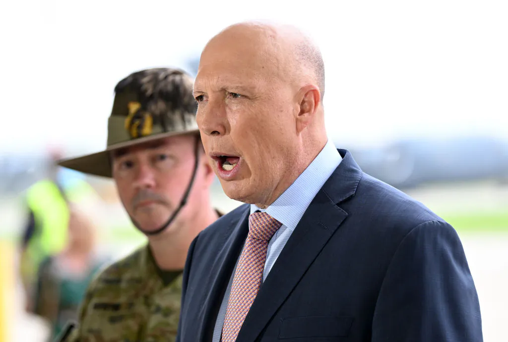 Australian opposition leader Peter Dutton speaks during a press conference at the Amberley Air Base in Ipswich, Queensland, Australia, on April 8, 2022. (Dan Peled/Getty Images)