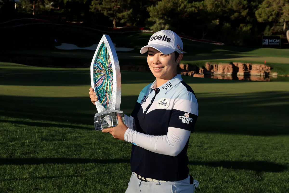 Eun-Hee Ji of South Korea poses with the champions trophy after defeating Ayaka Furue of Japan 3&2 in the Bank of Hope LPGA Match-Play Hosted by Shadow Creek at Shadow Creek Golf Course