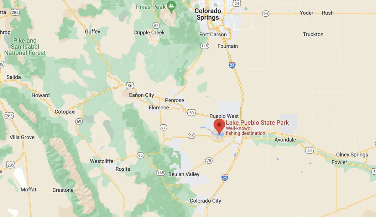 A map showing the location of Lake Pueblo State Park in Colorado. (Google Maps)