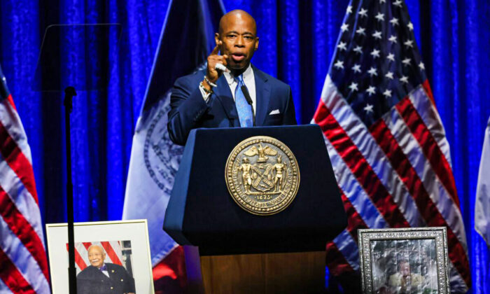 New York City Mayor Eric Adams gives a speech at Kings Theatre, in the Flatbush neighborhood of the Brooklyn borough in New York on April 26, 2022. (Michael M. Santiago/Getty Images)
