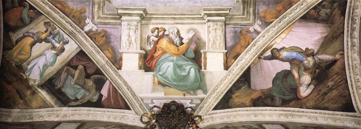 Detail of the Sistine ceiling's west end, showing pendentives and the Prophet Zechariah. (Public Domain) 