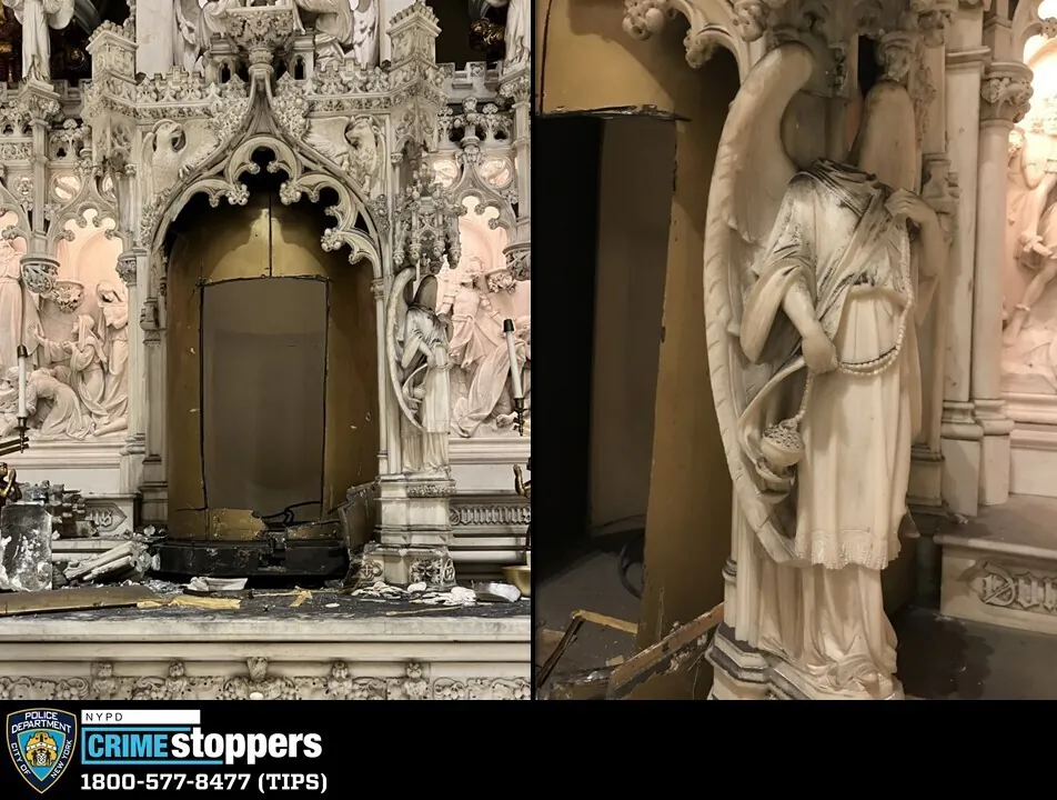 A missing tabernacle and damaged angel statue in St. Augustine's Roman Catholic Church in Brooklyn’s Park Slope neighborhood, which was vandalized and burglarized between May 26, 2022 and May 28, 2022. Operating outside of a political framework, ESG threatens to desecrate our freedoms and the institutions we hold dear. (NYPD via AP)